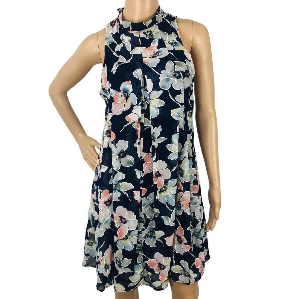 ROBBIE BEE Dress Petite 6P Shift Multicolor Floral Sleeveless A-Line Halter Neck